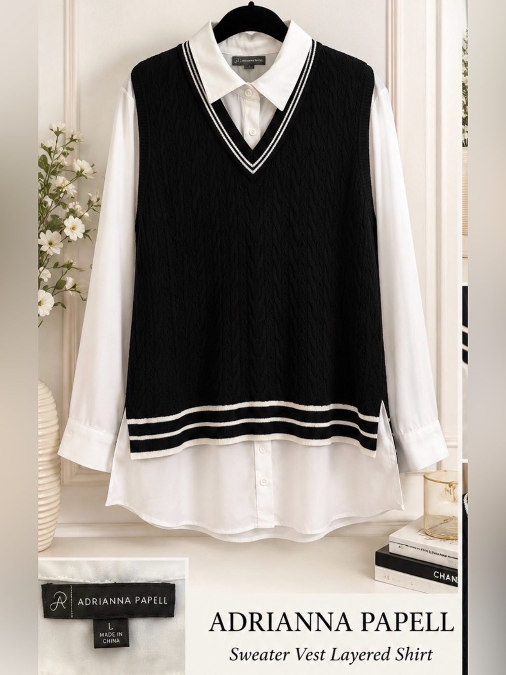 Adrianna Papell Black and White Cable Knit V-Neck Sweater Vest